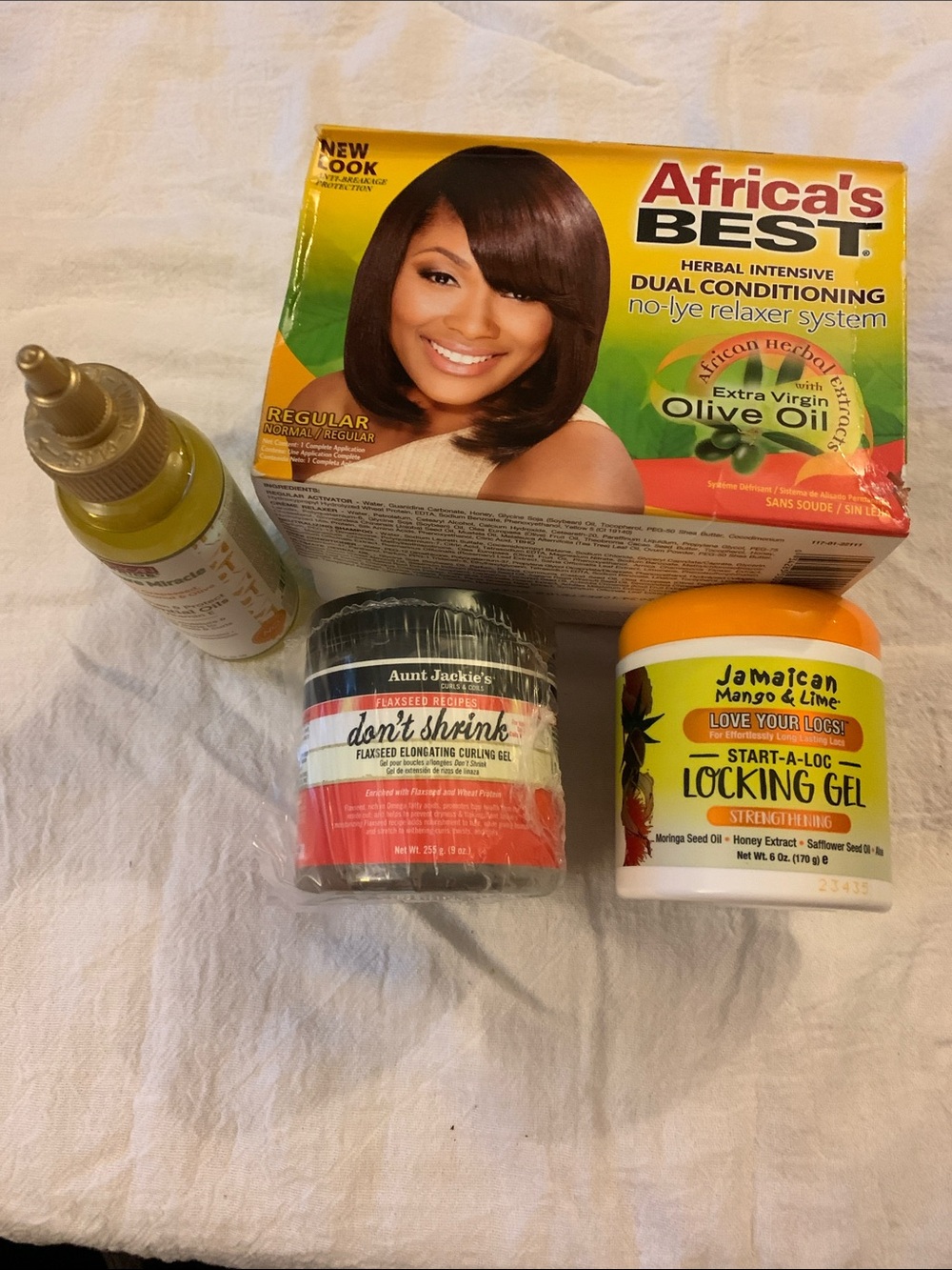 Africas Best Beautiful black hair 4Pc Set NEW Relaxer Oil Curling & locking Gel